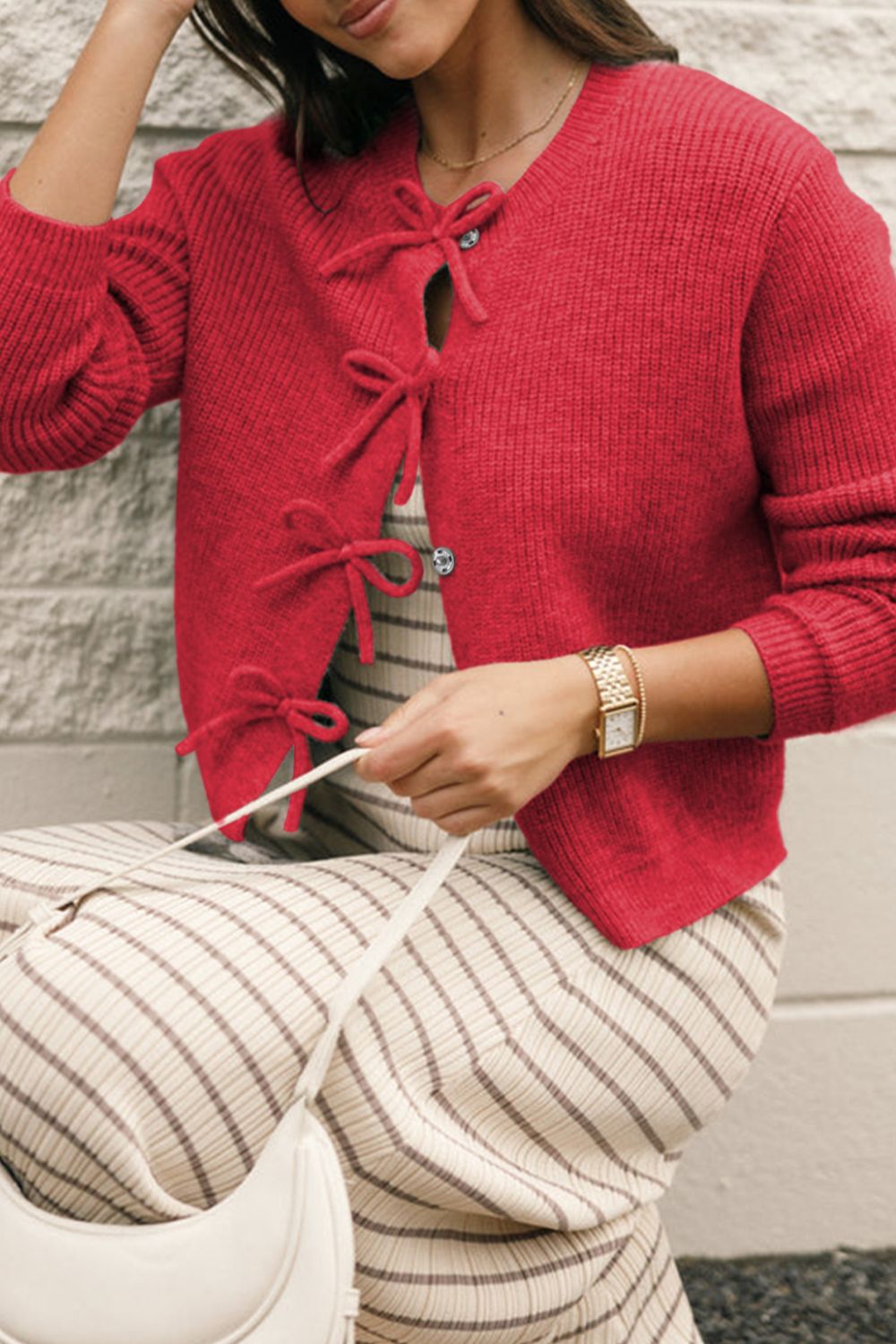 Women's Cardigan with Bow Tie Front Deep Red Knit Long Sleeve