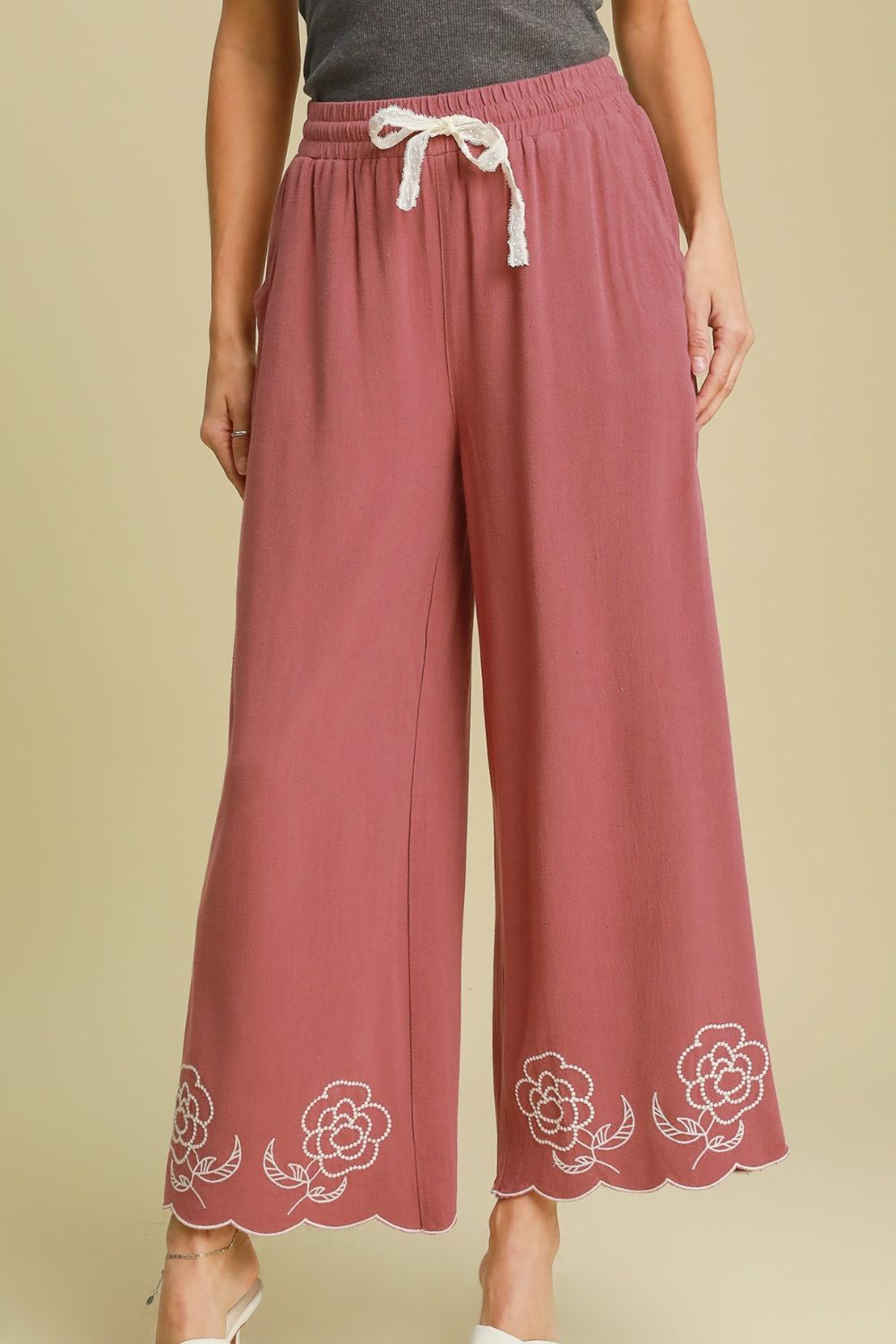 Umgee Pants Linen Blend Wide Leg Pants with Scalloped Hemline Pink Dusty Pink c8be3f3b-a61a-4d29-ae90-9fd04c2d96cb-Max Trendsi