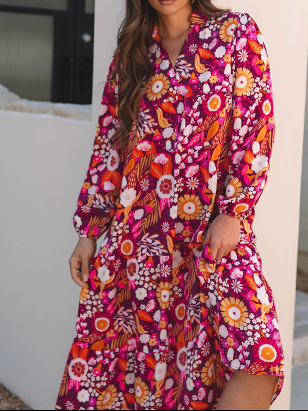 Midi Dress Hot Pink Colorful Floral Print Long Sleeve with Pockets c8bf5256-6d5a-4758-bdd8-159c9137671c-Max-Origin Trendsi