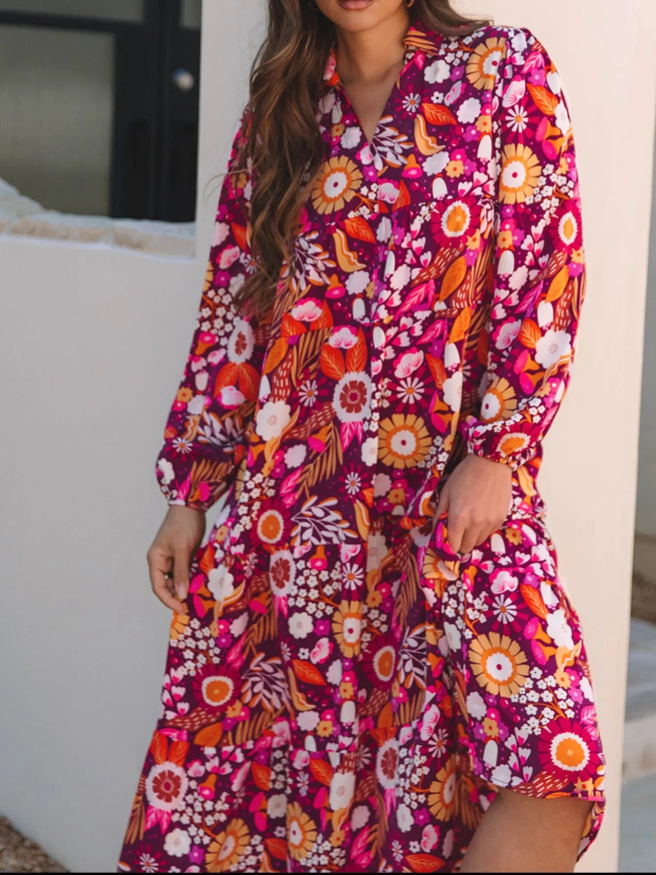 Midi Dress Hot Pink Colorful Floral Print Long Sleeve with Pockets c8bf5256-6d5a-4758-bdd8-159c9137671c-Max-Origin Trendsi