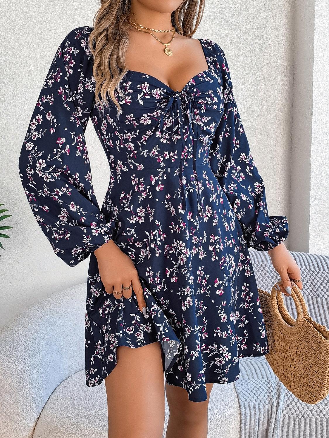 Mini Dress Floral Printed Sweetheart Neck Balloon Sleeve c8c8eec9-2153-487a-8401-c3f9eb21a536-Max Trendsi