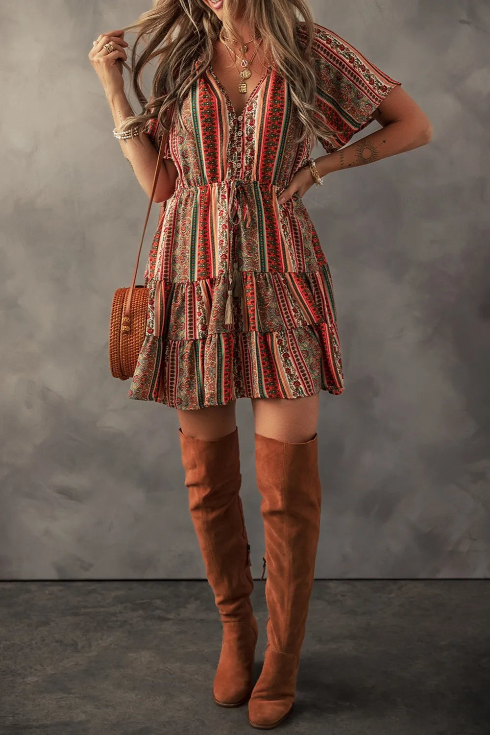 Bohemian Mini Dress Floral Print Buttoned V Neck Ruffle Short Sleeve c8c9b0c5-249b-4669-895f-510f58d3bf8a-Max-Origin Trendsi