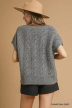 Umgee Womens Sweater Gray Cable-Knit V-Neck Short Sleeve c8d1688c-530a-40d3-94db-24e1131f5ece-Max-Origin Trendsi