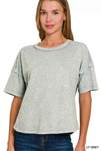 Zenana Activewear Set Halo Snow Washed Light Gray Short Sleeve Tee and Shorts c8def144d73045d5929b696a1dc6cff9-Max-Origin Trendsi