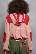 POL Hooded Shirt Red Texture Woven Buttonned with Drawstring Hem c8e5233d-0b23-44ad-920a-6b4208041893-Max-Origin Trendsi