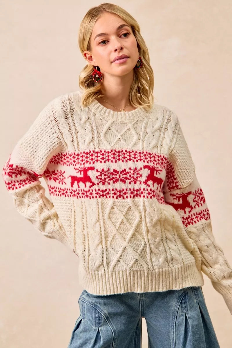 BiBi Christmas Womens Sweater Ivory Red Cable Knit Knit Pullover c8e5ef2fb5a7460aafa4074823c2dbd1-Max-Origin Trendsi