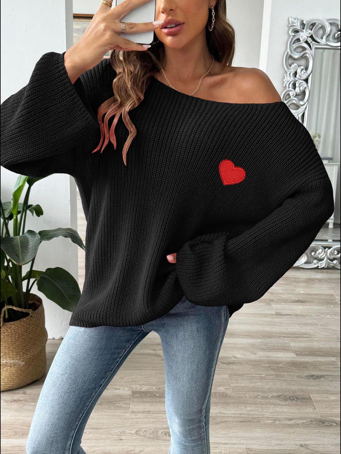 Sweater Heart Embroidered Boat Neck Dropped Shoulder Long Sleeve c8ec9013-c611-4af9-9e46-05d28415650b-Max Trendsi