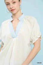 Umgee Blouse Cream Textured V-Neck Top with Lace Trim Details c8ed6d26-3fe6-4ca1-b0ff-2f52a7488911-Max-Origin Trendsi