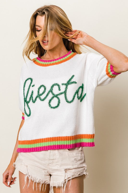 BiBi Sweater FIESTA Metallic Letter Embroidery Short Puff Sleeve Knit Top c8f51e7f-bde4-43a1-b3dd-72c03d7da4ae-Max Trendsi
