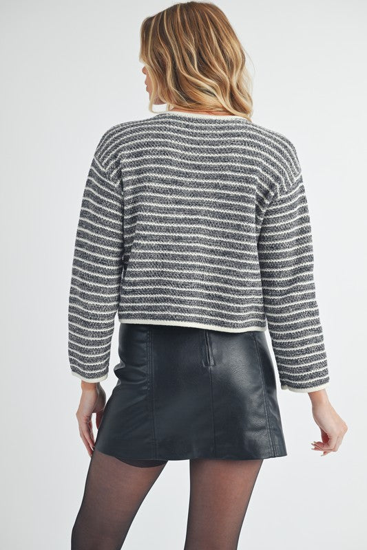 Aemi + Co Cardigan Black Striped Cotton Knit Classic Long Sleeve Buttoned c8fbf087-c9e5-476a-86f6-014423313df5-Max Trendsi