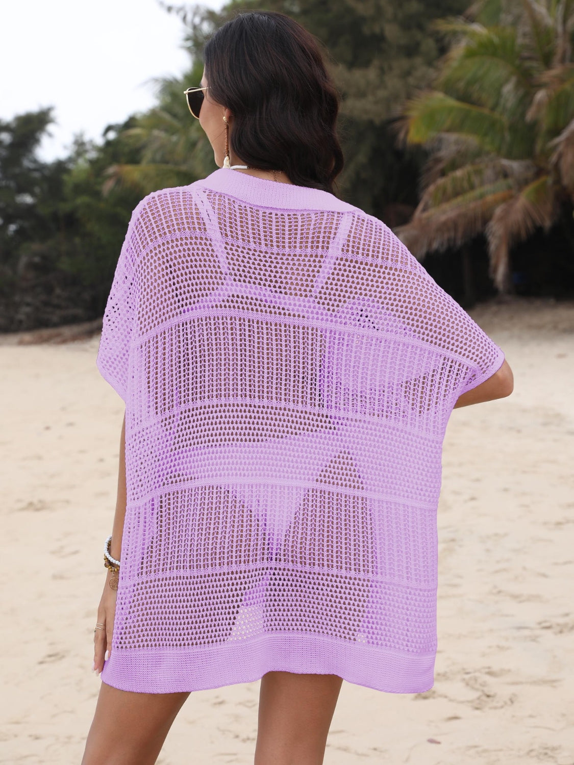 Cover-Up Dress Hollow Out Collared Neck Short Sleeve Sheer Openwork c8fcc372-286c-4d5f-87d1-f11cfdce6b7b-Max Trendsi