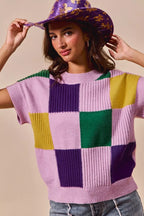 SO ME Casual Sweater Top Women Mardi Gras Check Plaid Short Sleeve Top c8fe8eb46bc54468923196e032269960-Max-Origin Trendsi