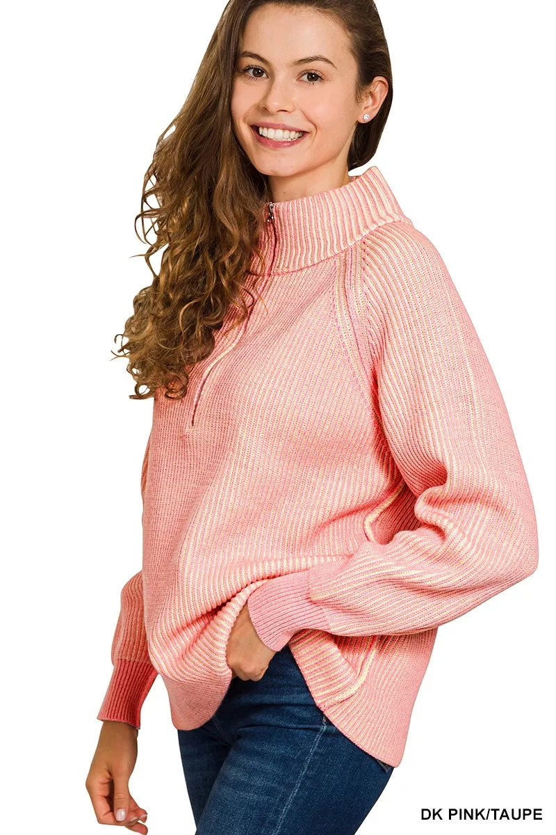 Zenana Womens Sweater Pink Ribbed Two Tone Half Zip High Collar c9019c6f7ad341b0a1b4e505874c984f-Max-Origin Trendsi