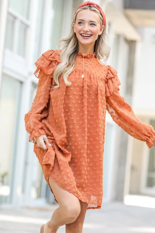 And The Why Mini Dress Swiss Dot Camel Lovely Ruffle Shoulder with Textured c905e5121c7048fd8ee355f081fe9018-Max-Origin Trendsi