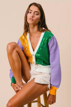 BiBi Sequin Sweater Cardigan Mardi Gras Color Block Buttoned Long Sleeve c9089cb17e97489ab6cfa2655af8e7c9-Max-Origin Trendsi
