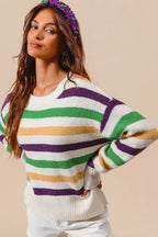 SO ME Sweater Knit Ivory Mardi Gras Color Stripe Long Sleeve Top c908a4e9b69b4172be3548aad9ec65fa-Max-Origin Trendsi