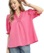 Umgee Textured Check Ruffle V-Neck Blouse