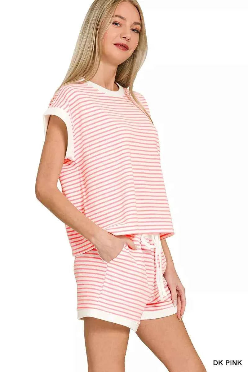 Zenana Stripe Contrast Trim Top & Shorts Set