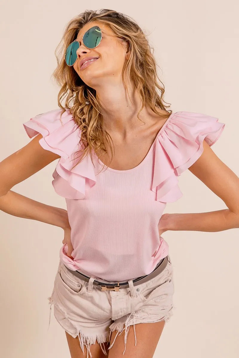 BiBi Ribbed Top Light Pink Wide Layered Ruffle Sleeve Scoop Neck Blouse c91529e760d84417a1cae8c2fcf67ef9-Max-Origin Trendsi
