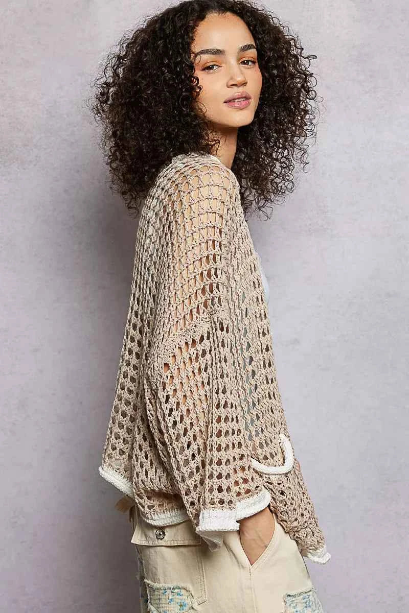 POL Open Front Openwork Cardigan with Contrast Trim