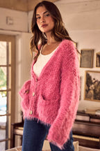 SO ME Womens Cardigan Pink Soft Touch Hairy Loose Fit Cozy Sweater c92565f512b346e9a608e4e715e97291-Max-Origin Trendsi