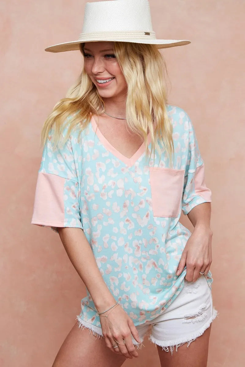 BiBi T-Shirt Mint Pink Multi Color Leopard Printed French Terry Pocketed Top c93003b1d3a04f60b9289bdc925860d9-Max-Origin Trendsi