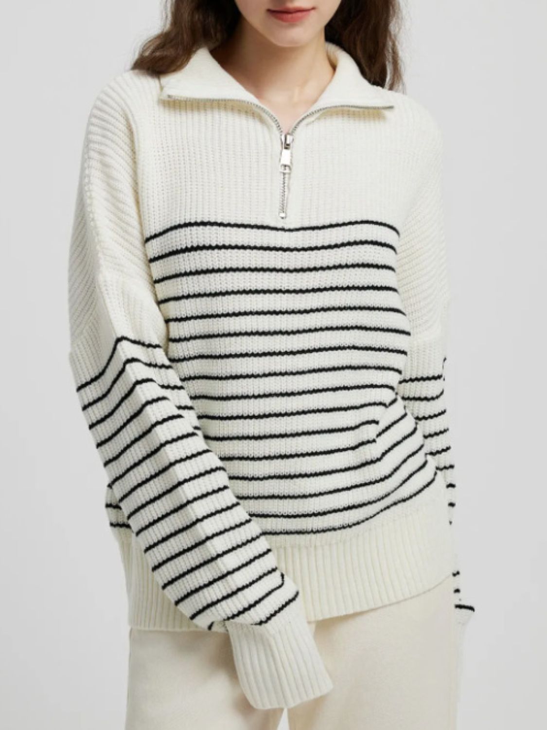 Women Striped Sweater Half Zip High Neck Long Sleeve Soft Knit Pullover