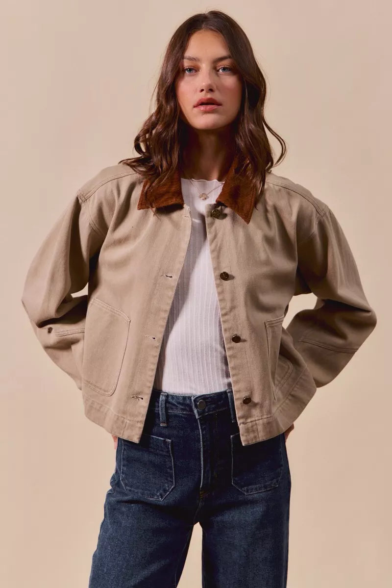 SO ME Womens Cropped Barn Jacket Cotton Twill Taupe wtih Collar and Pockets c937f3cd669e4a9890538cd4c1d056ea-Max-Origin Trendsi