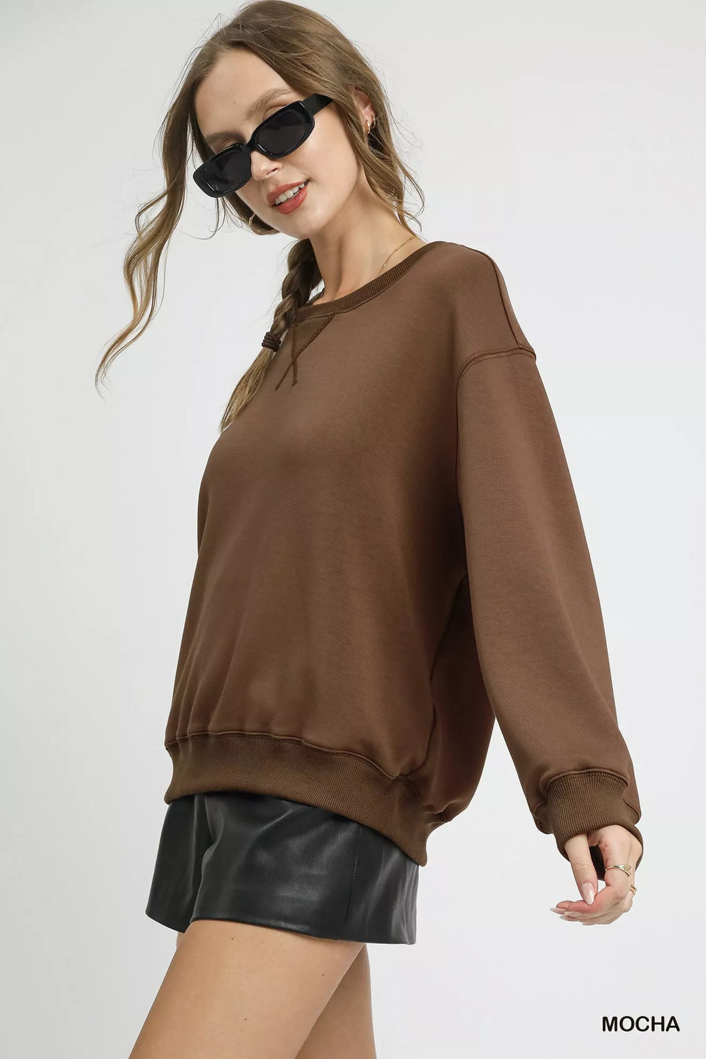 Umgee Women's Fleece Sweatshirt Mocha Brown Round Neck Long Sleeve c938280a-ed83-47cf-a1cb-b1beb37000bd-Max-Origin Trendsi