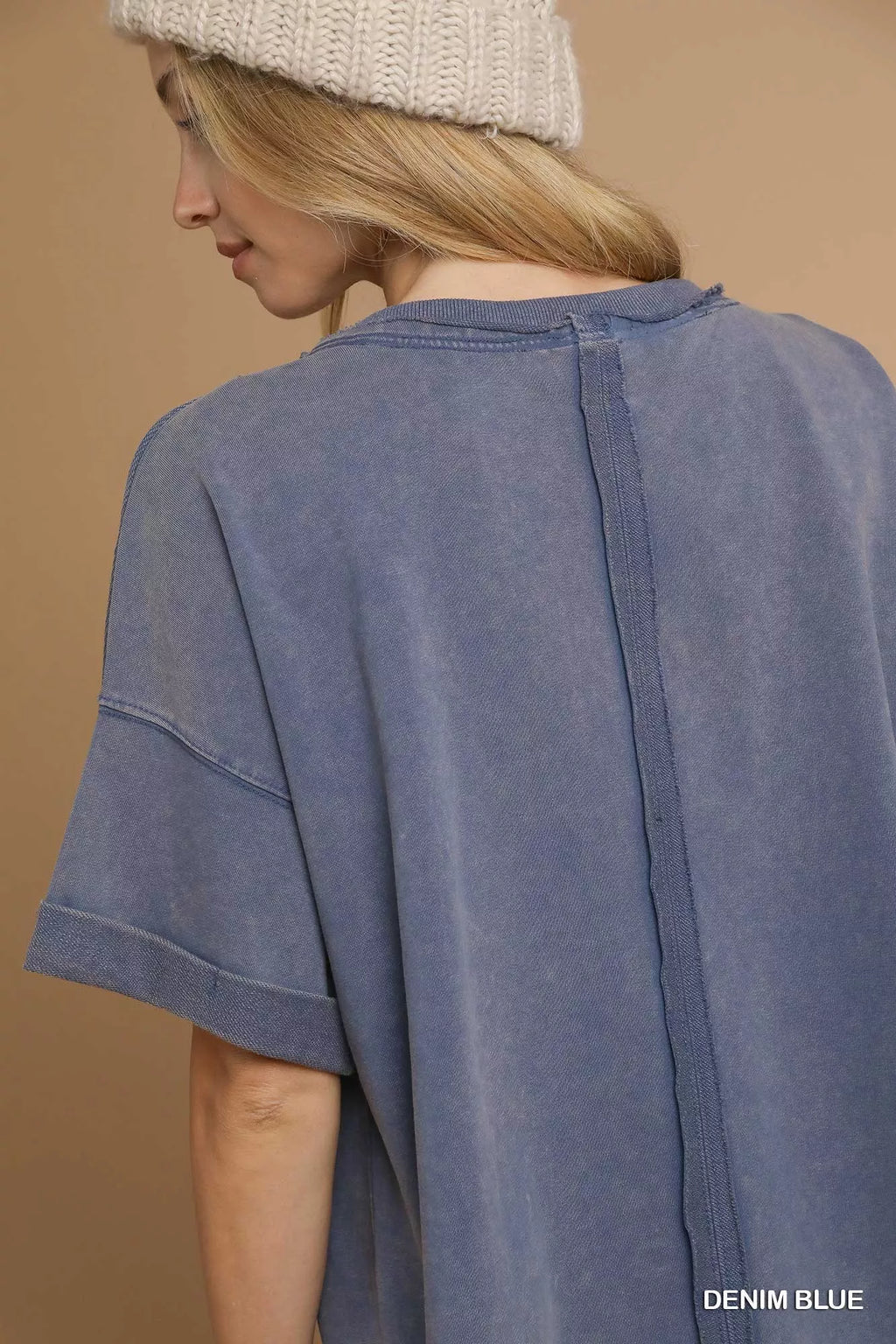 Umgee Womens T-shirt Denim Blue Mineral Wash Round Neck Top Short Sleeve c93f6ab9-ecaf-45aa-a902-41ffbb5d0c04-Max-Origin Trendsi