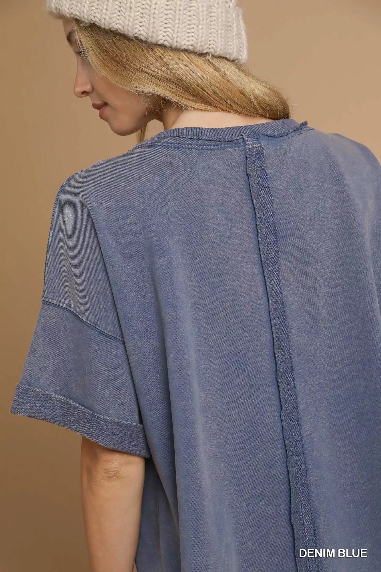 Umgee Womens T-shirt Denim Blue Mineral Wash Round Neck Top Short Sleeve c93f6ab9-ecaf-45aa-a902-41ffbb5d0c04-Max-Origin Trendsi