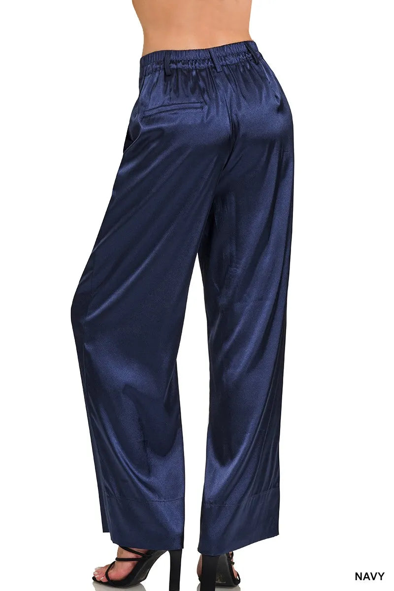 Zenana Satin Pants Wide-Leg Navy Blue Trousers c9470effe7e54943b78d22f410415ee7-Max-Origin Trendsi