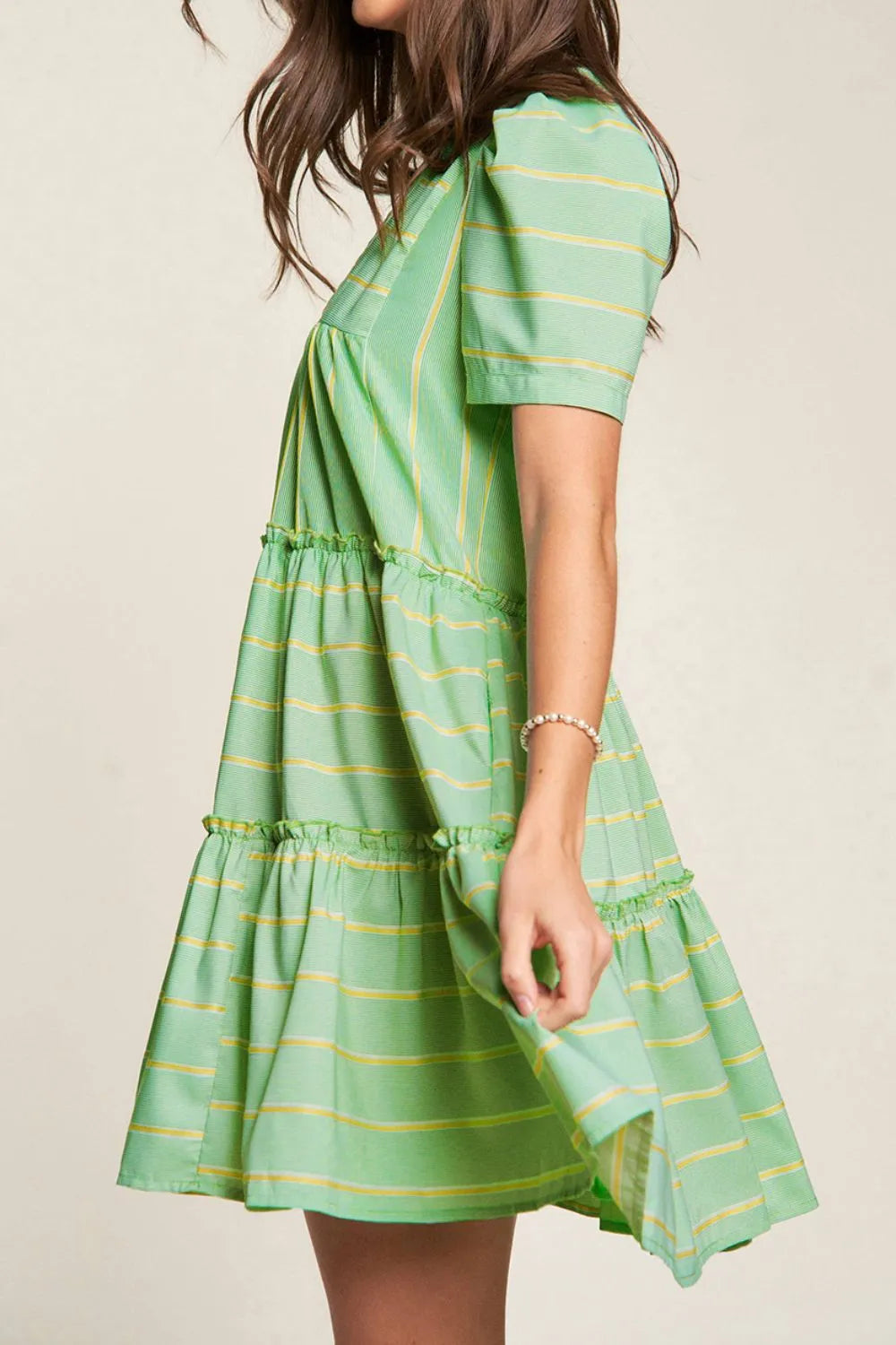 Ruffle Dress Stripe V Neck Green Short Sleeve Frilled Detail c95bdd95-d3ef-4f70-acbe-41c9d8f7c14d-Max-Origin Trendsi