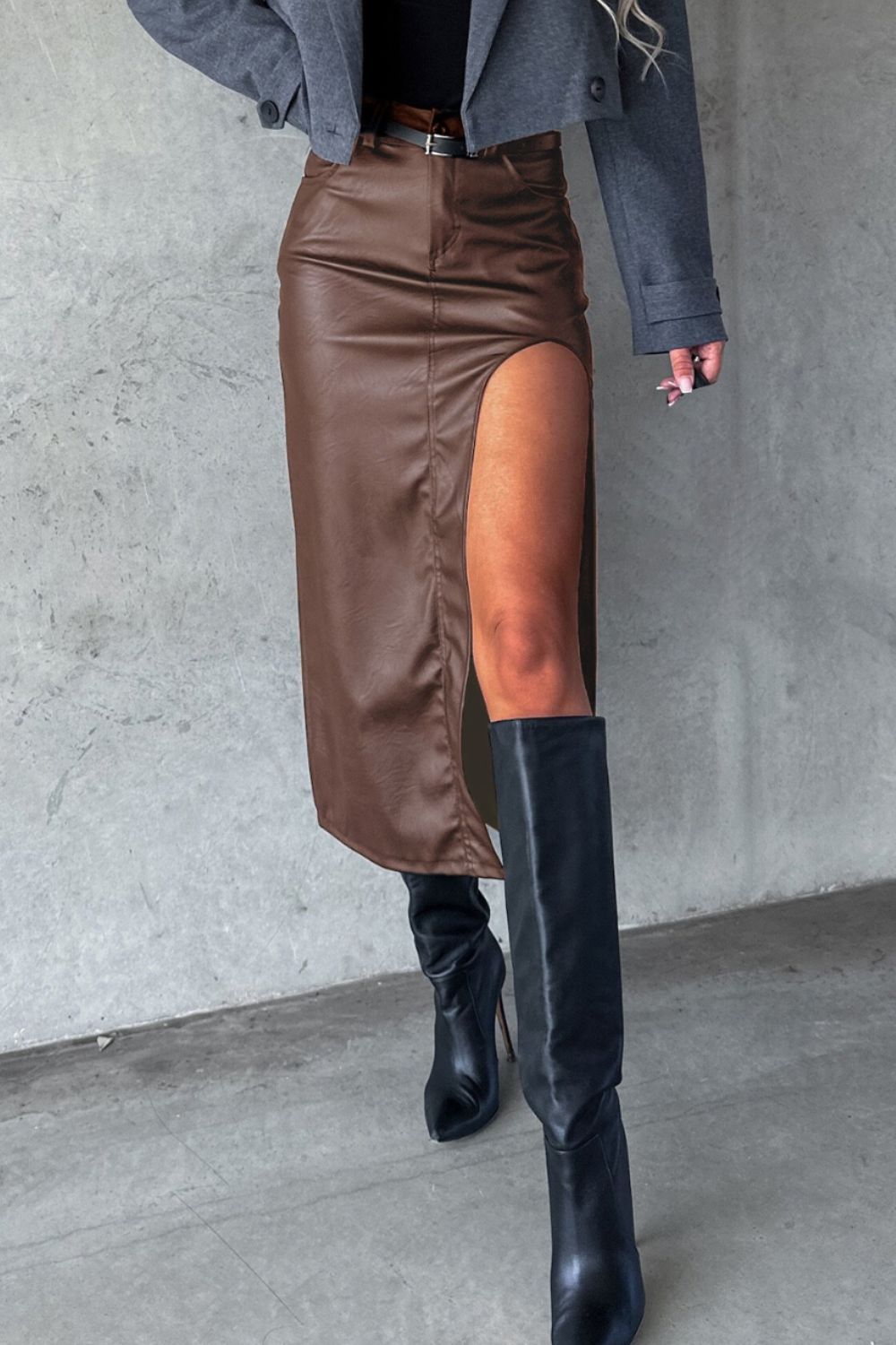 Midi Skirt Women Faux Leather Front Big Slit with Pockets