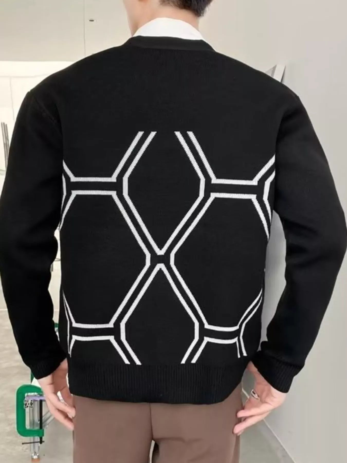 Men's Knit Cardigan Black Geometric Pattern Plus Sizes Classic Style
