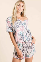 BiBi Tie Dye Print Terry V Neck Top With Contrast Short Sleeve Blouse c9685eab7e754fa499c7c8cdbcef150f-Max-Origin Trendsi