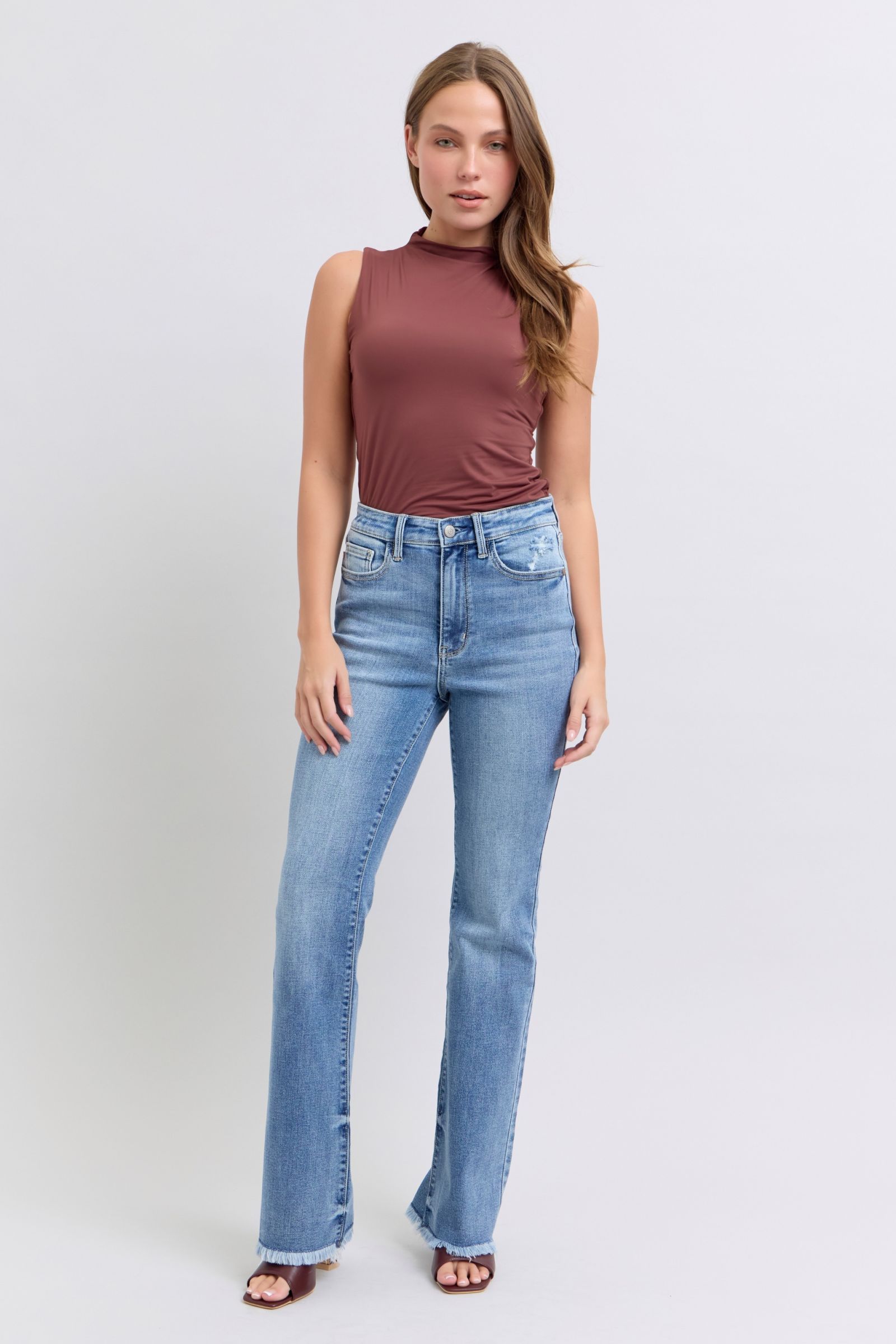 Judy Blue Women Jeans Raw Hem Women High Rise Bootcut Medium Wash Denim