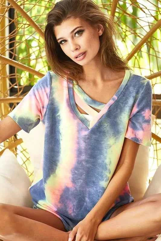 BiBi Tie Dye Women T-shirt Terry V Neck Top With Double Strap Top CHARCOAL TIEDYE c96c4dbf51ca43c7afcff6d690b7cec3-Max-Origin Trendsi