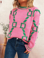 Women's Sweater Contrast Round Neck Long Sleeve Oversized Ribbed c9746aa9450b42e9adfc4a8c32ffad7a-Max-Origin Trendsi