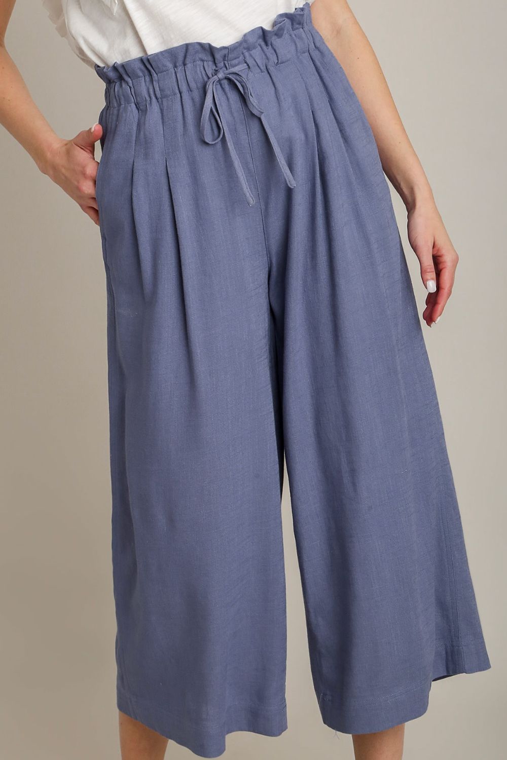 Umgee Linen Pants Wide Fit Dusty Blue Drawstring High Waisted Pocketed Dusty Blue c9798f45-08a4-42ad-aaaf-78189b39a085-Max Trendsi