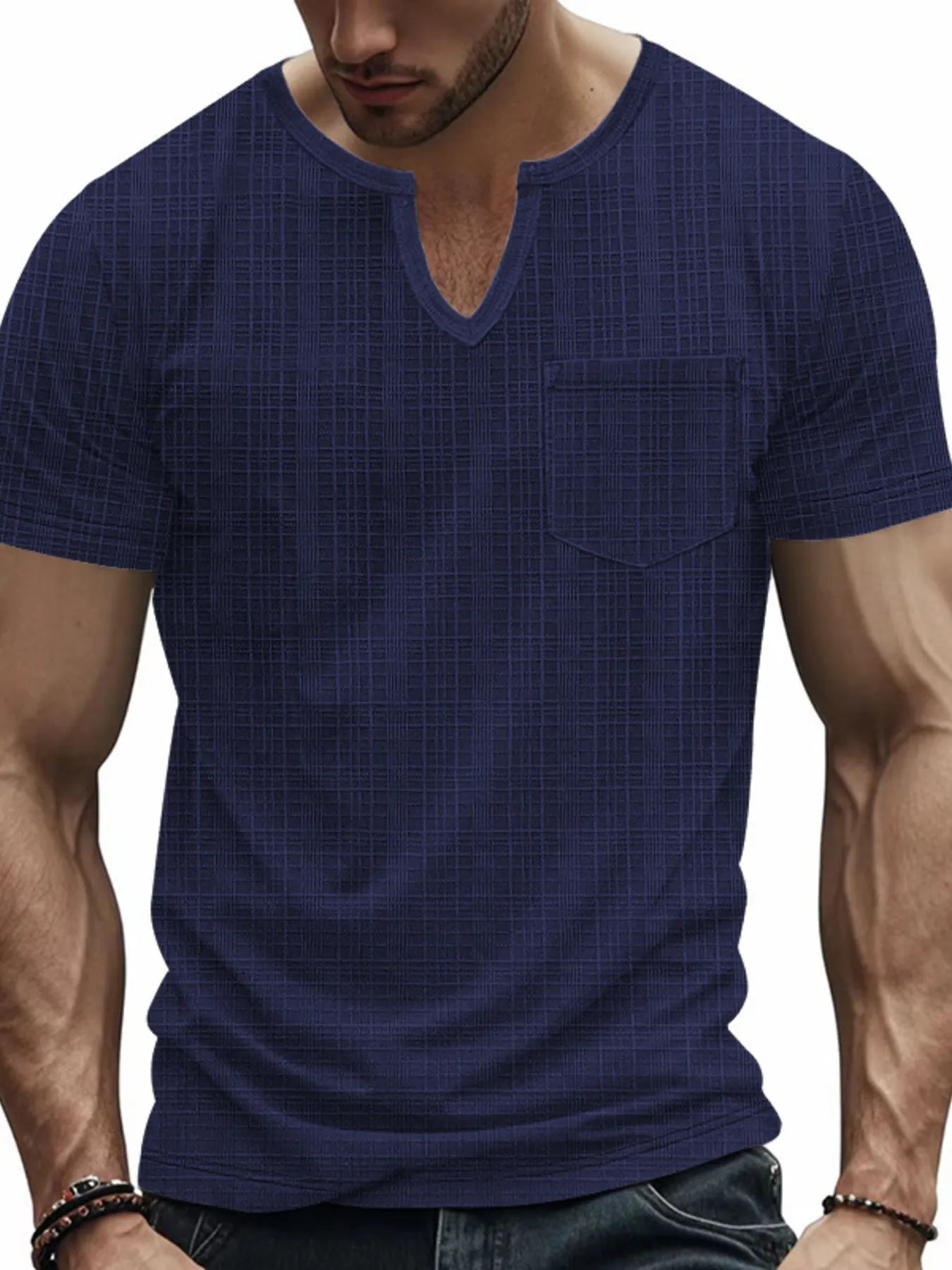 Men's T-Shirt Textured Notched Short Sleeve Pocketed Summer Top Navy c97ea7d7ee58461c8dba2198f6b950e1-Max-Origin Trendsi