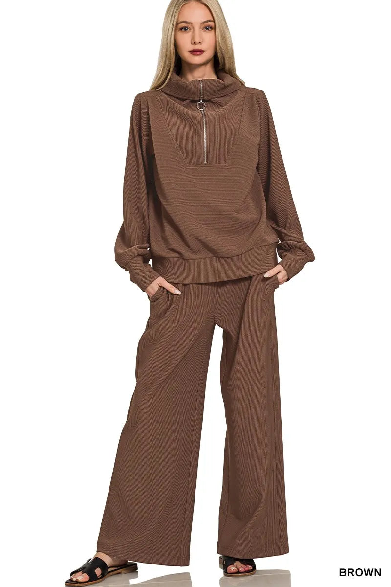 Zenana Outfit Set Brown Ribbed High Neck Half Zip Pullover & Pants Set BROWN