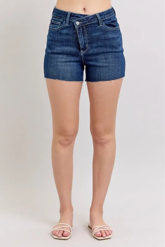 Judy Blue Denim Shorts High Waist Criss-Cross Waistband Dark Blue c9866c0aacaa453dafb5abcf090f4c5b-Max-Origin Trendsi