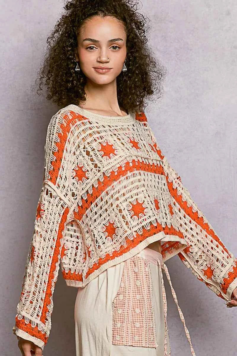 POL Crochet Top Ivory Orange Long Sleeve with Granny Square Weaving c98852f5-a6a3-4cdb-a775-173b96249594-Max-Origin Trendsi