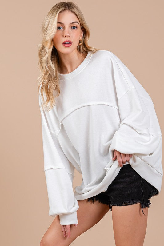 Ces Femme Sweatshirt White Oversized Exposed Seam Long Sleeve Top c98add24-5f3f-41ae-9b42-724102eb1864-Max Trendsi