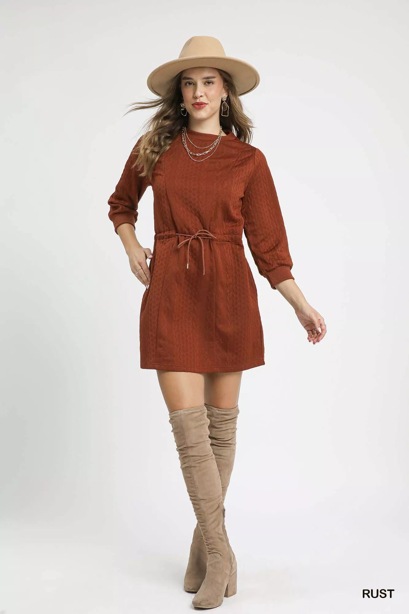 Umgee Mini Dress Cable Knit Rust Drawstring Waist Long Long with Pockets c98ce5a3-16da-4198-b7cf-e1ef4ce6dad1-Max-Origin Trendsi