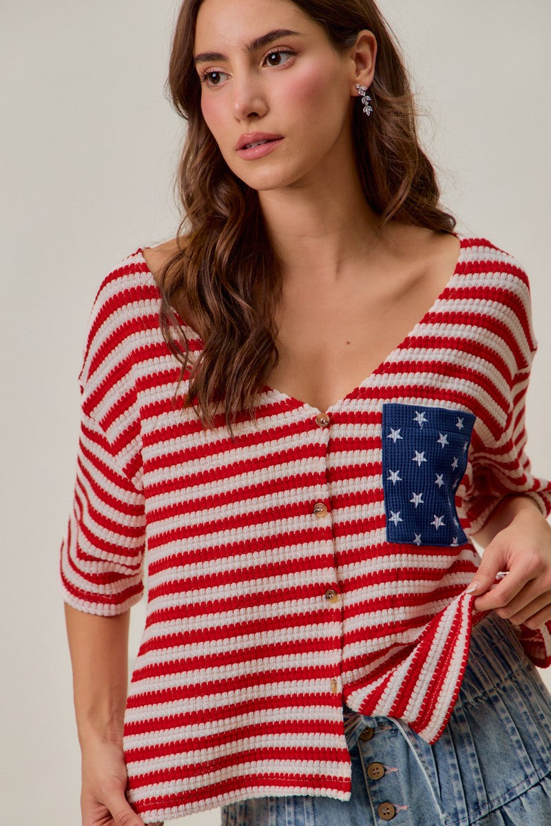 SO ME Stripe Waffle Knit Fourth Of July Cardigan Top