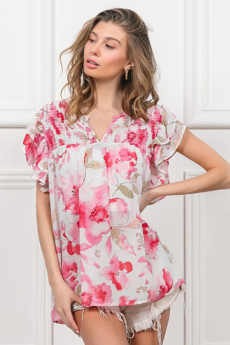 BiBi Blouse Ruffled Floral Print Flutter Sheer Top Short Sleeve FUCHSIA WHITE c99101fa3ec84e069c9574c5f242f6d8-Max-Origin Trendsi
