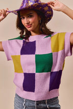 SO ME Casual Sweater Top Women Mardi Gras Check Plaid Short Sleeve Top c9943728758c46a999f4b96c0fdaac0c-Max-Origin Trendsi