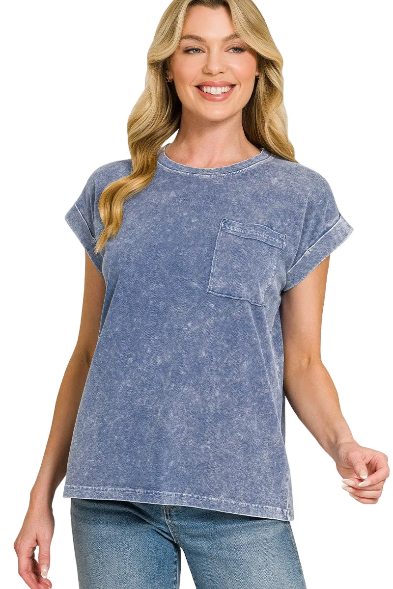 Zenana Halo Snow Washed Cuffed Short Sleeve T-Shirt